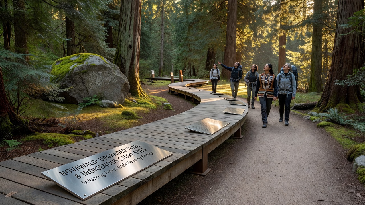 Group of visitors on an improved Novawald trail listening to an Indigenous guide explain traditional story sites